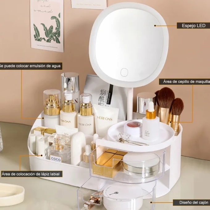 Cosmetiquera con espejo con tonos de iluminación
